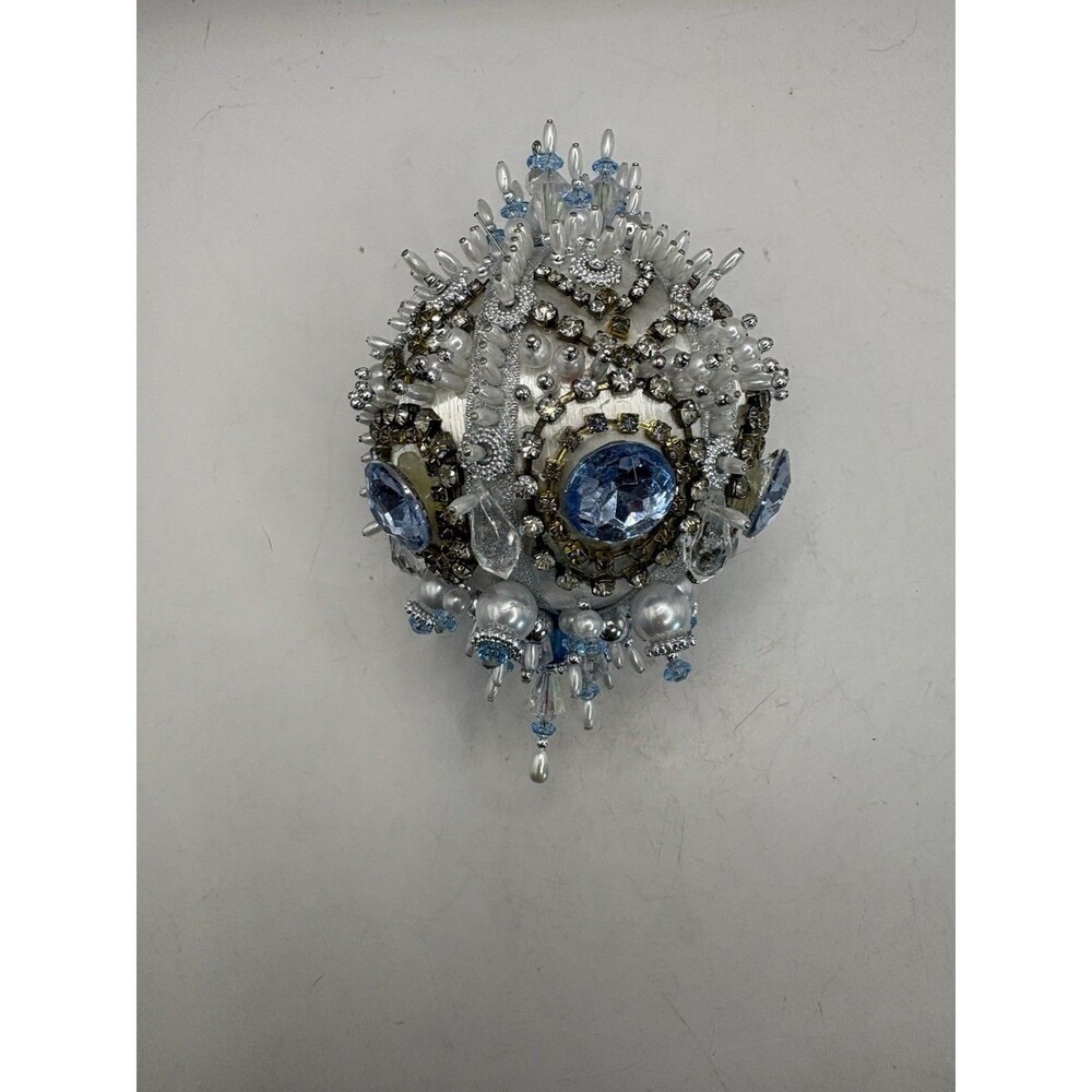 Vintage Christmas Handmade Push Pin Beaded Ornament Blue, White